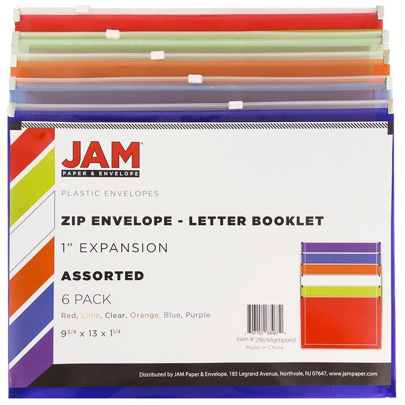 JAM Paper أظرف بلاستيكية من JAM PAPER مع إغلاق بسحاب - كتيب بحجم رسالة - 9 3/4 × 13 - ألوان متنوعة - 6/عبوة - Image 2